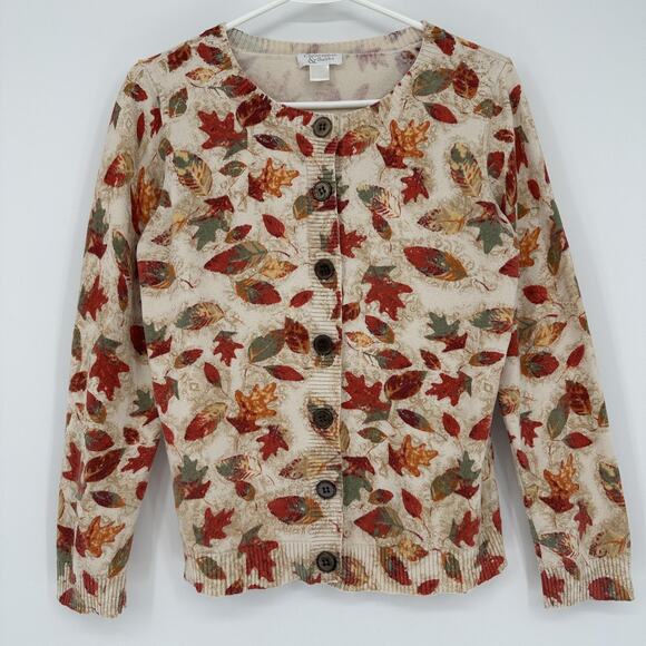 Christopher & Banks Cardigan Sweater Womens Medium Fall Leaf Print Button Front - Picture 1 of 9